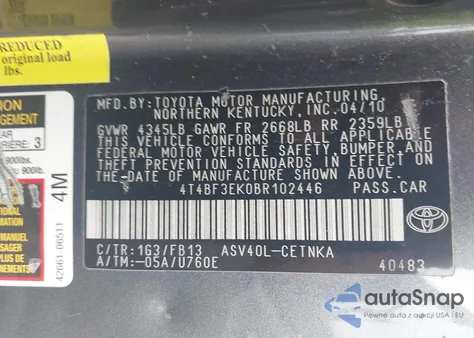 2011 Toyota Camry Le z USA, uszkodzony, nr VIN 4T4BF3EK0BR102446